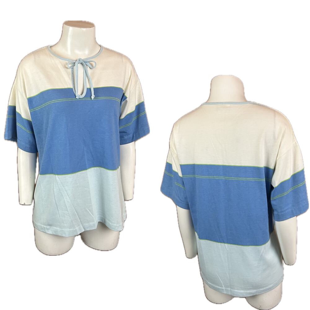1980s Blue Stripes Shirt Top with Tie Keyhole neckline / Medium *